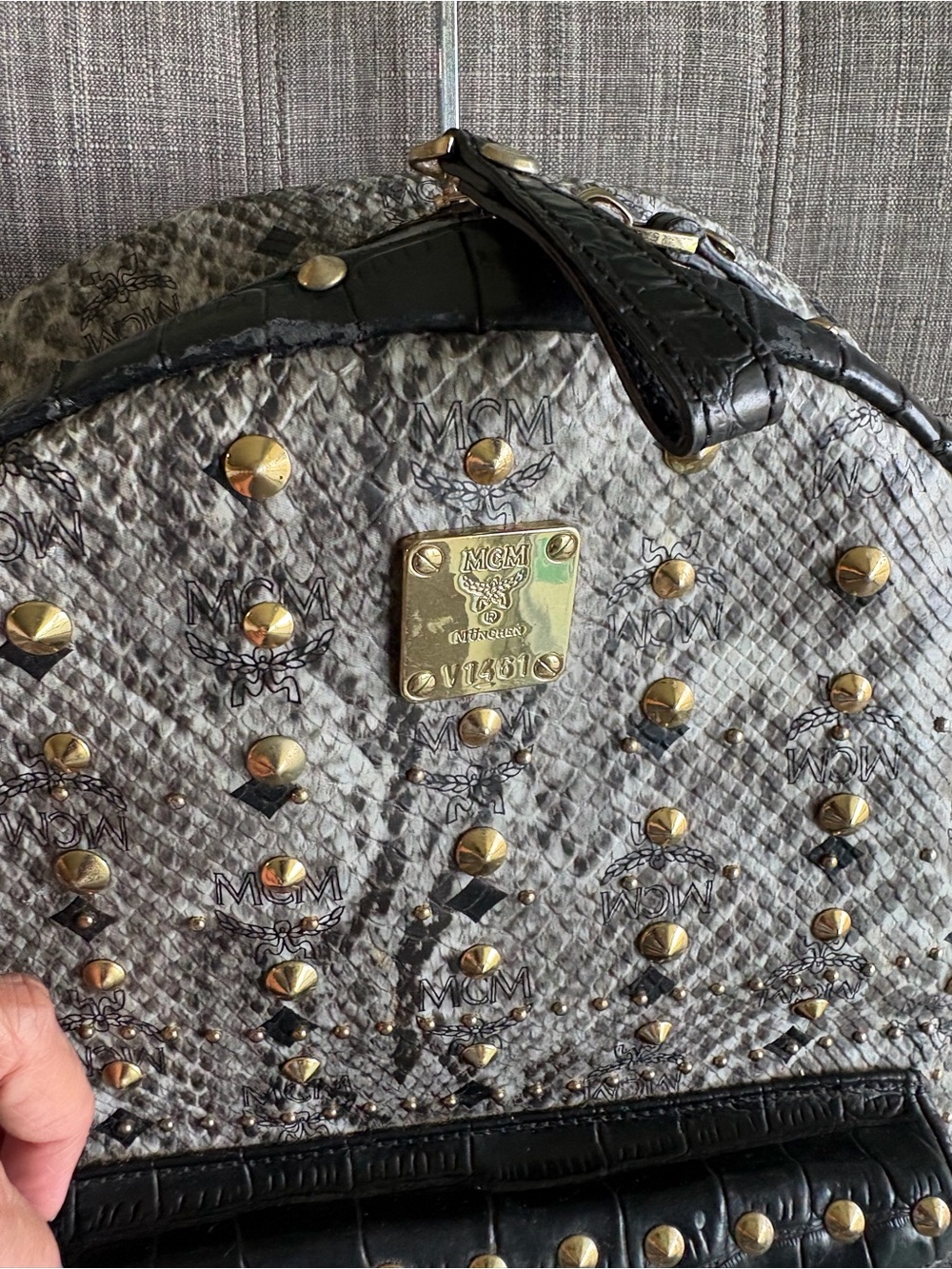 MCM Visetos Studded Mini Backpack - Black & Beige Snakeskin - Picture 2 of 13